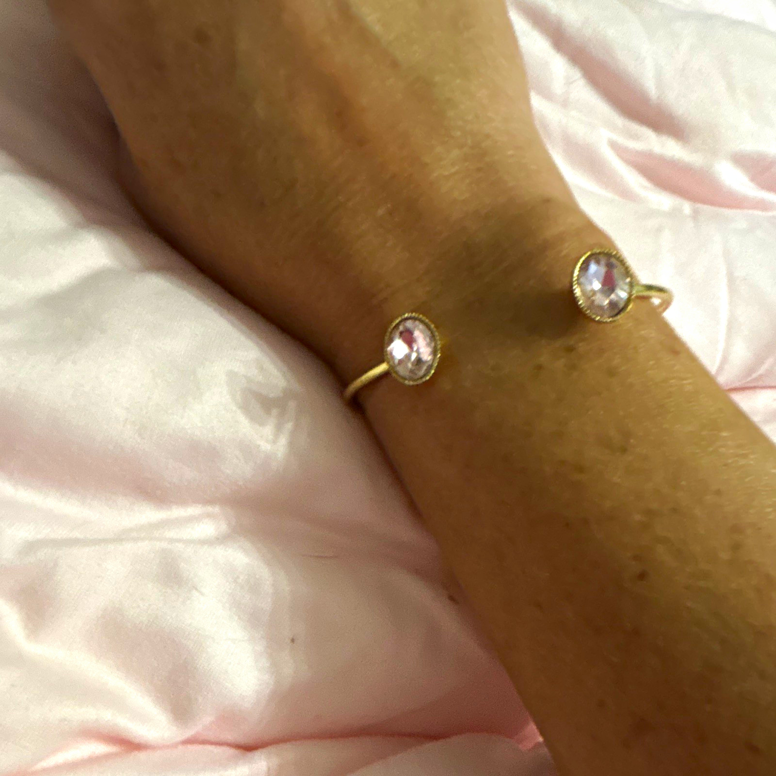 Gold Tone Metal Open Cuff Bracelet Pink Oval Crystal Ends, Bezel Set (2)