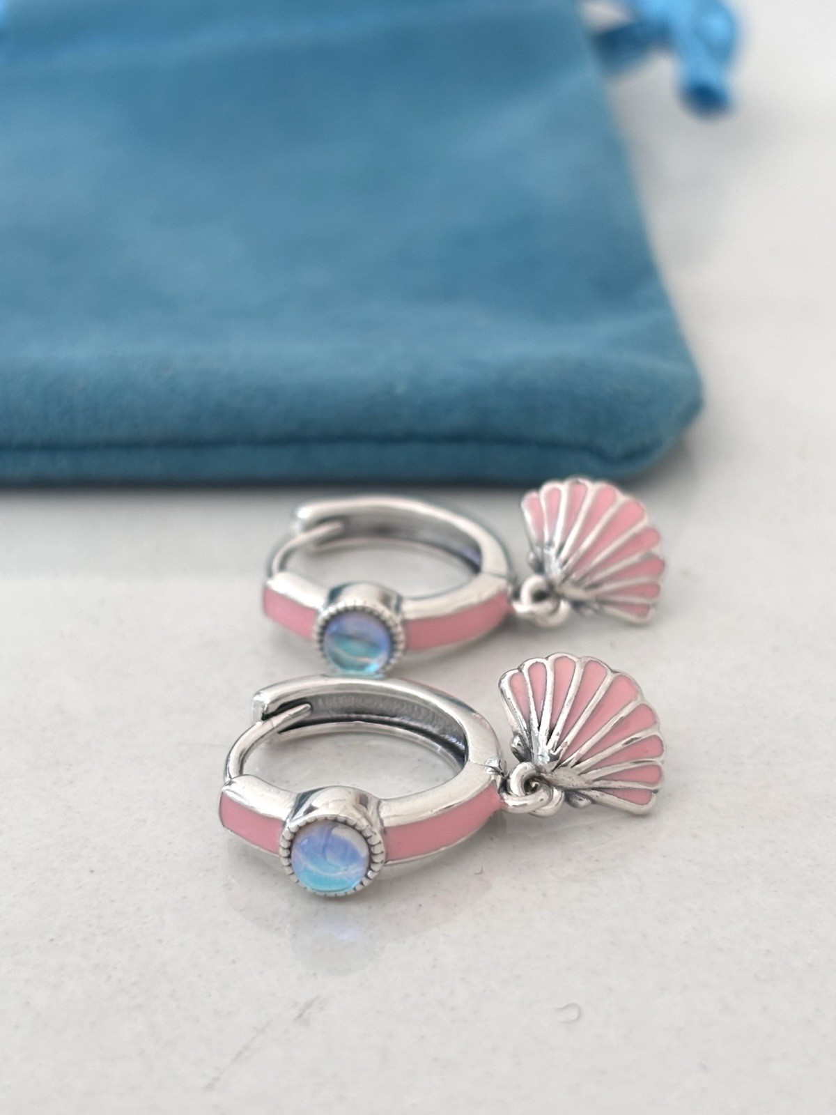 Sterling Silver Hoop Earrings Pink Shell Blue Stone Dangle Beach Gift For Her Uk