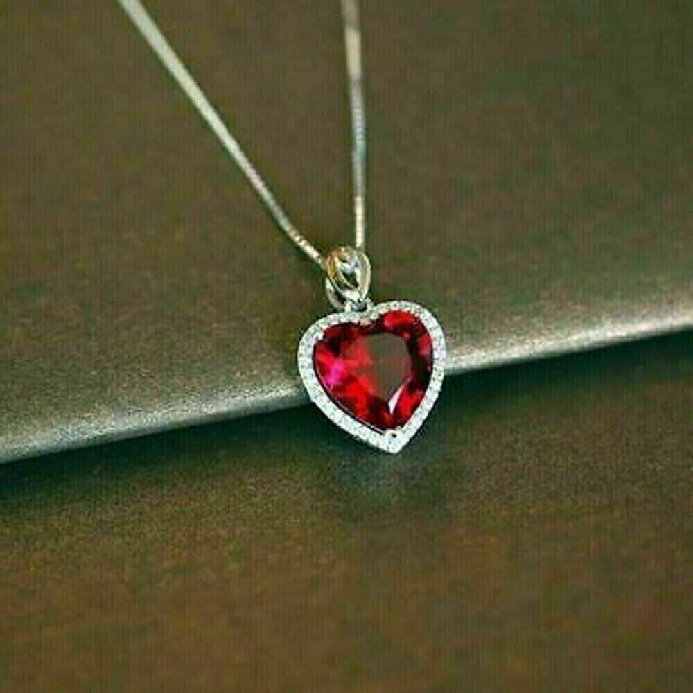 Heart Cut Simulated Red Garnet Women’s Halo Heart Pendant 14k White Gold Plated