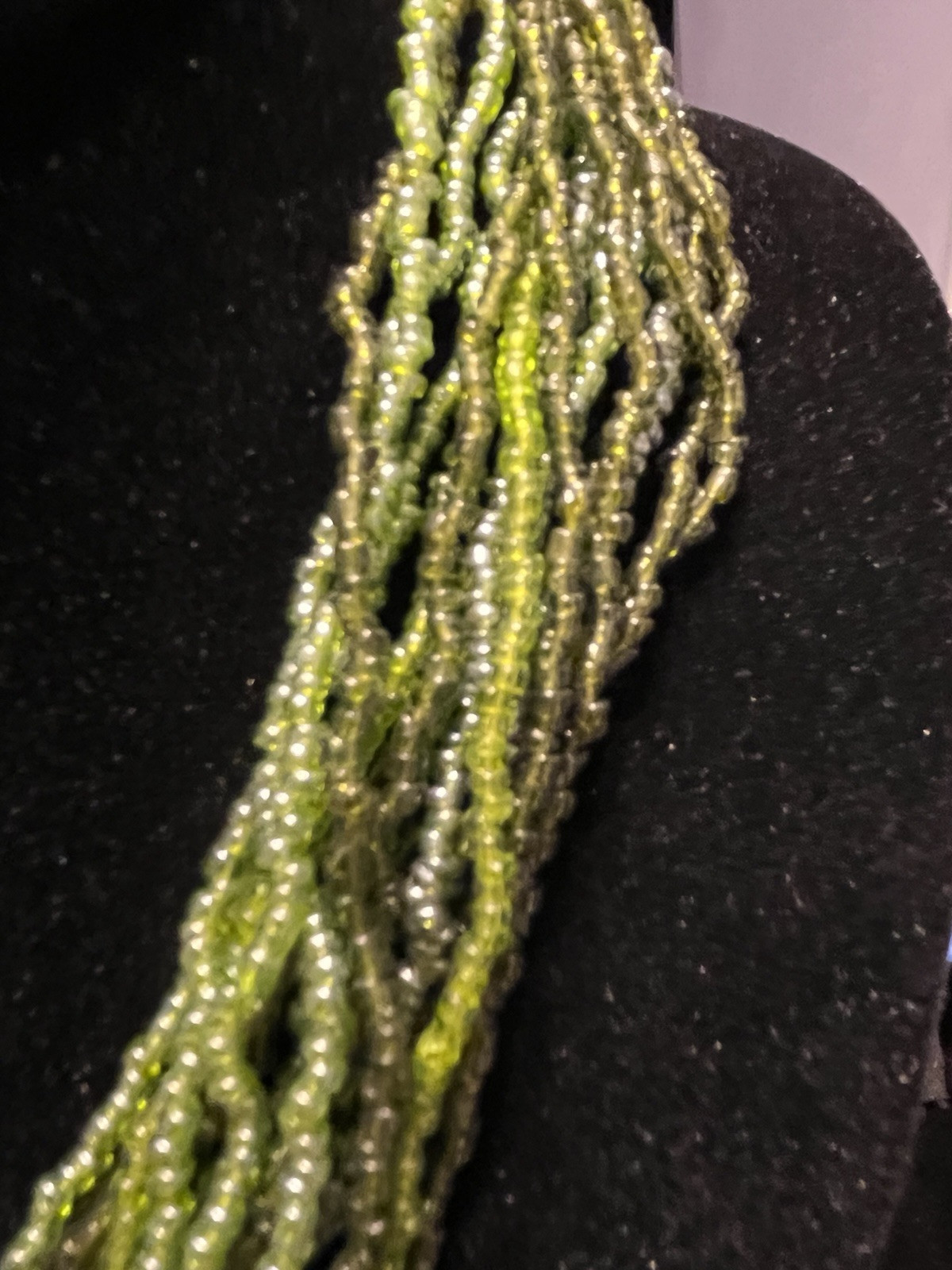 Vintage Varied Color Green Seed Bead Multistrand Necklace 18″+