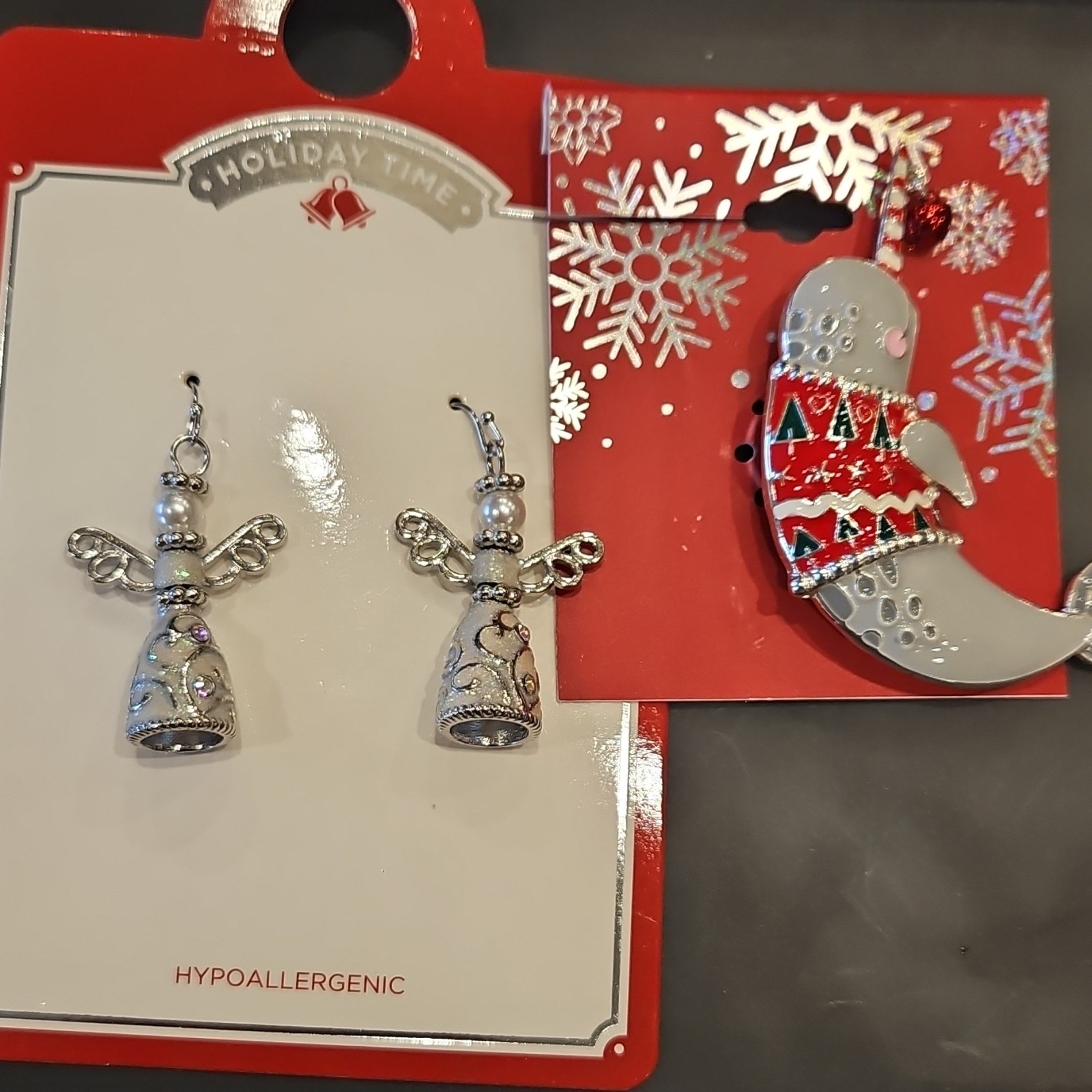 Christmas Hypoallergenic Angel Dangle Earrings & Stocking Brooch Set Silver
