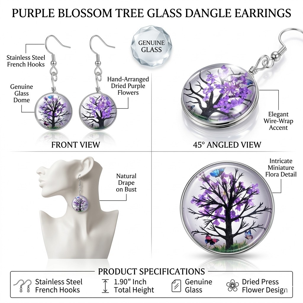 Purple Dried Pressed Real Flower Resin Earrings Botanical Tree Nature Boho 1.90″