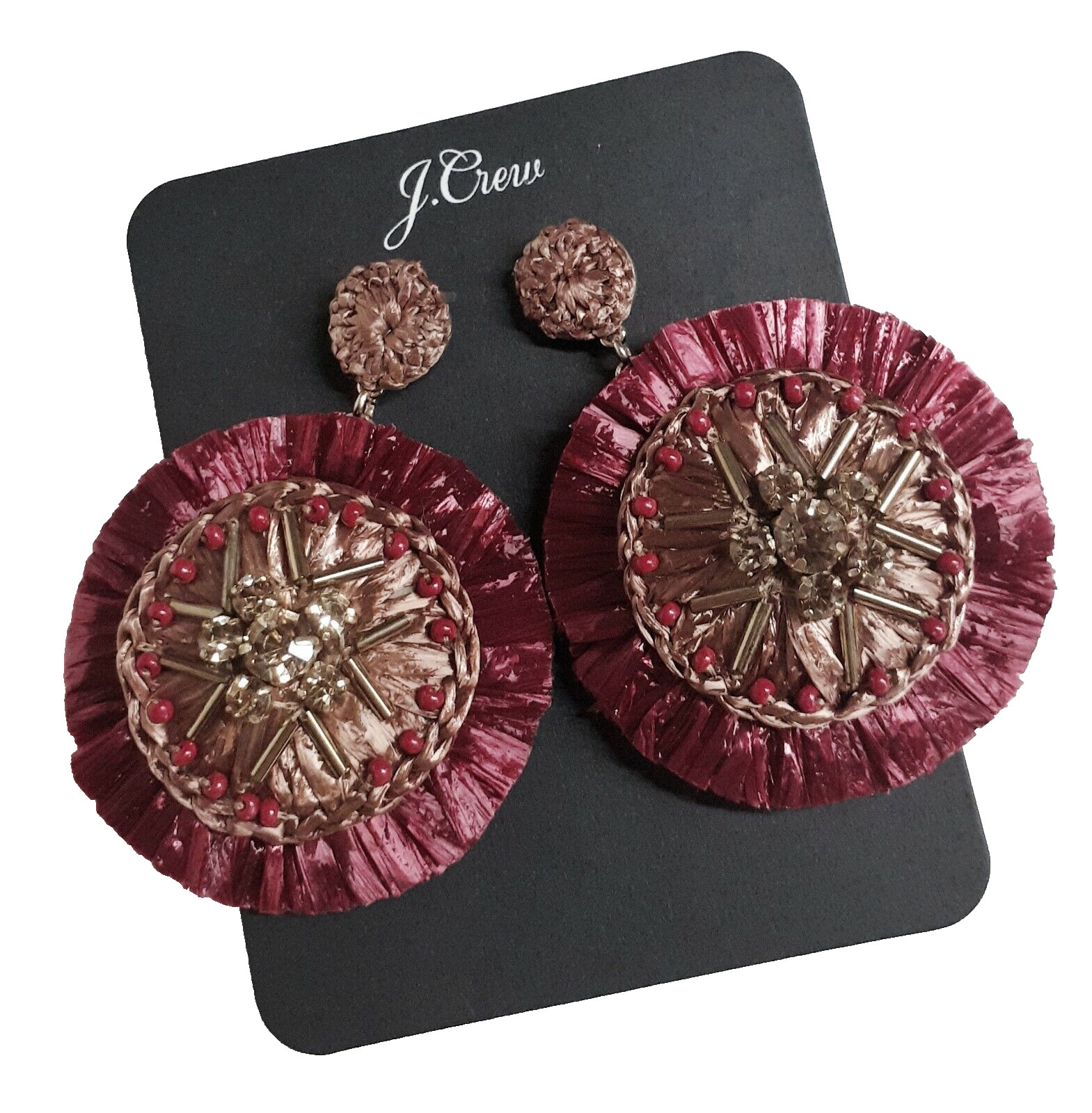 J.Crew Sparkle Raffia Statement Earring Rock Red Multi-Color Leather AQ987 NWT