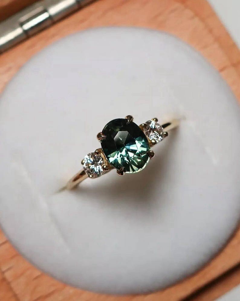 Oval Cut Teal Sapphire Ring 925 Sterling Silver Gift For Her Engagement Ring.