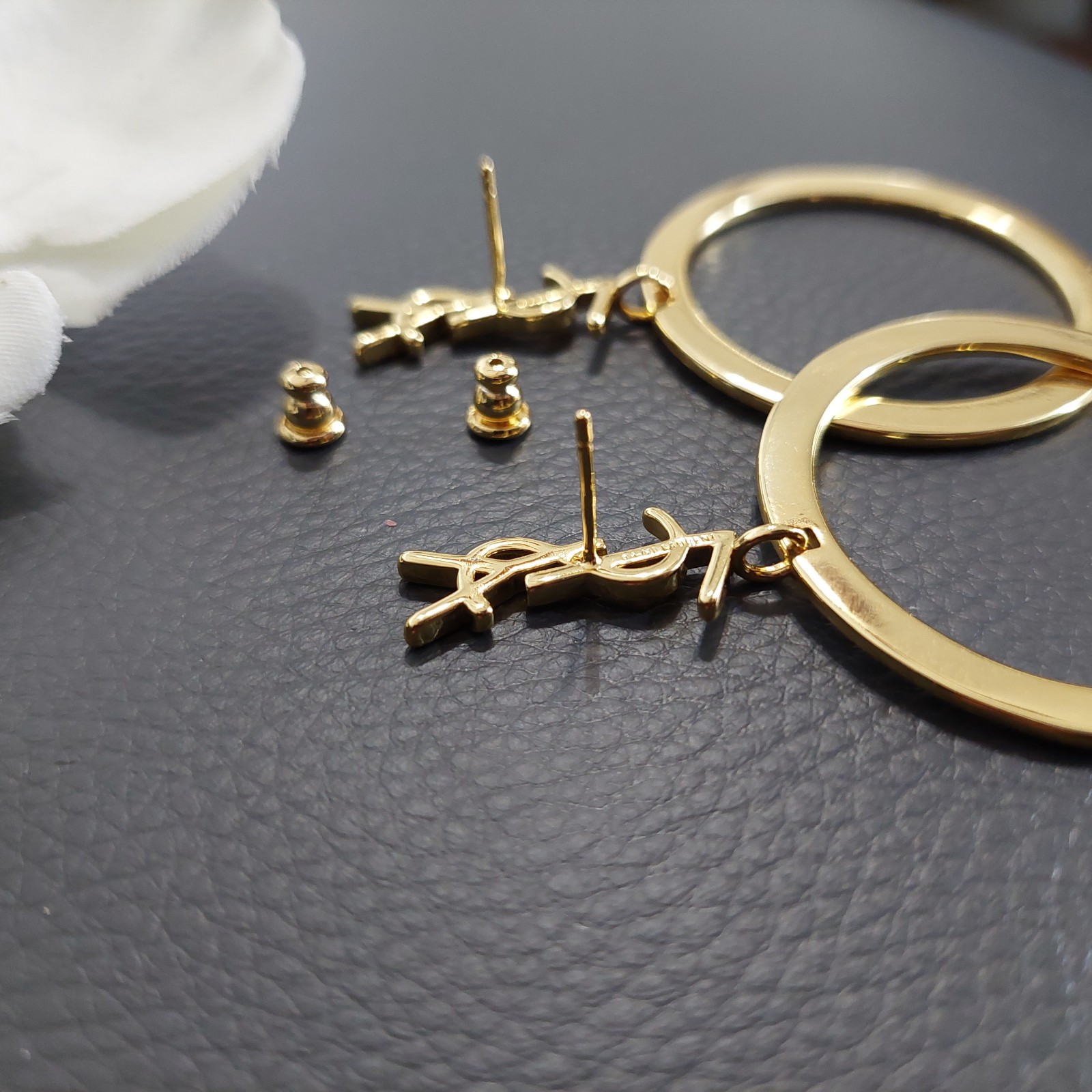 Auth. YVES SAINT LAURENT YSL LOGO Large Dangle HOOP EARRINGS Gold Tone