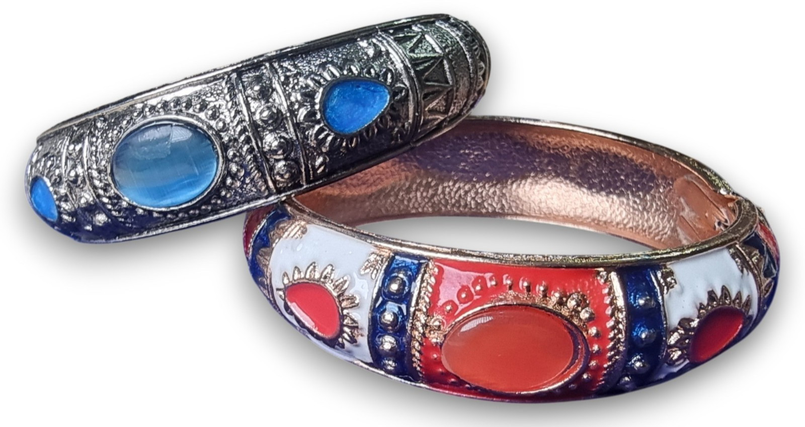 Boho Stackable Bangles Set Multi Color Enamel Blue Cabochon Bracelets VTG Style