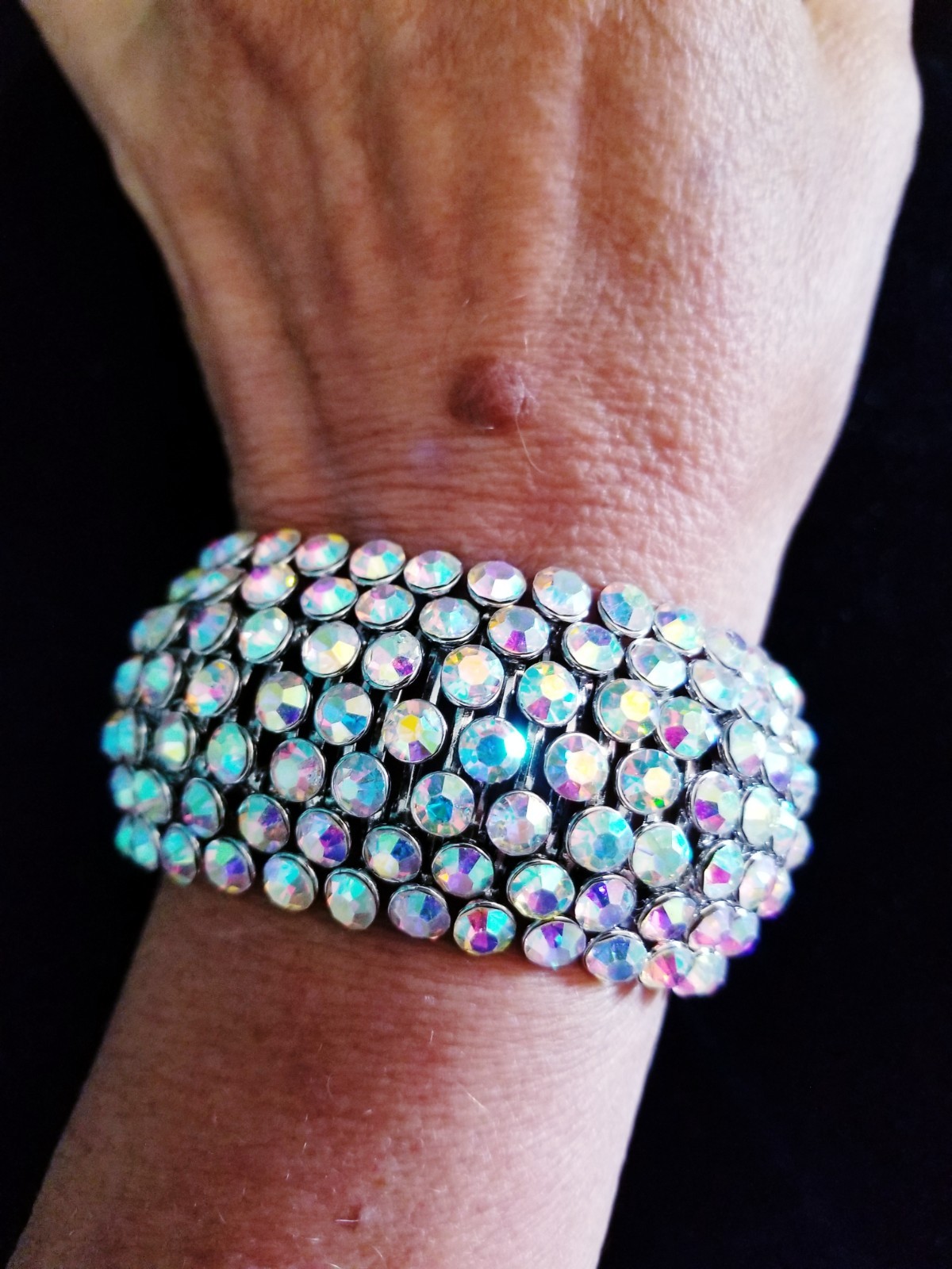 Iridescent Silver Rhinestone Stretch Bracelet Crystal Pageant Prom Drag Jewelry