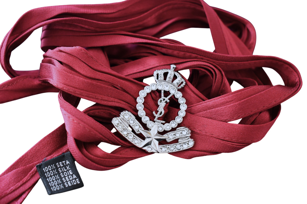 SAINT LAURENT CROWN STAR Interlocking YSL Charm on Silk WRAP CHOKER Necklace