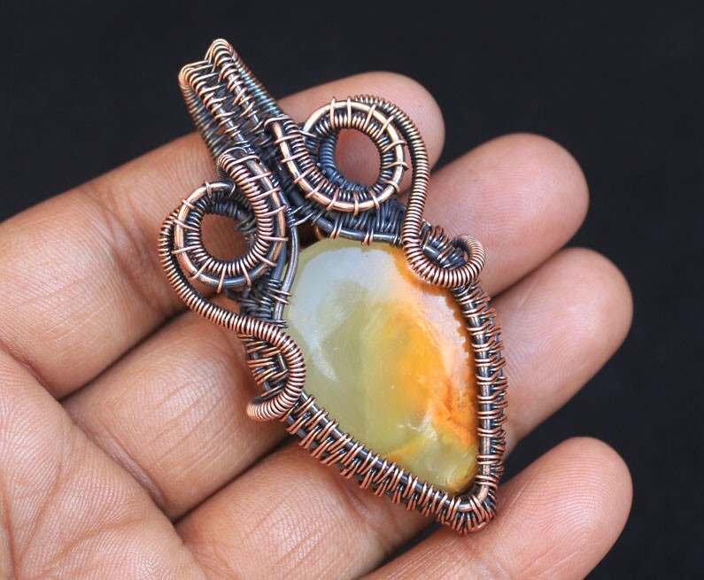 Wedding Gift Copper Pendant Lemon Agate Gemstone Wire Wrap Jewelry Oxidize N244