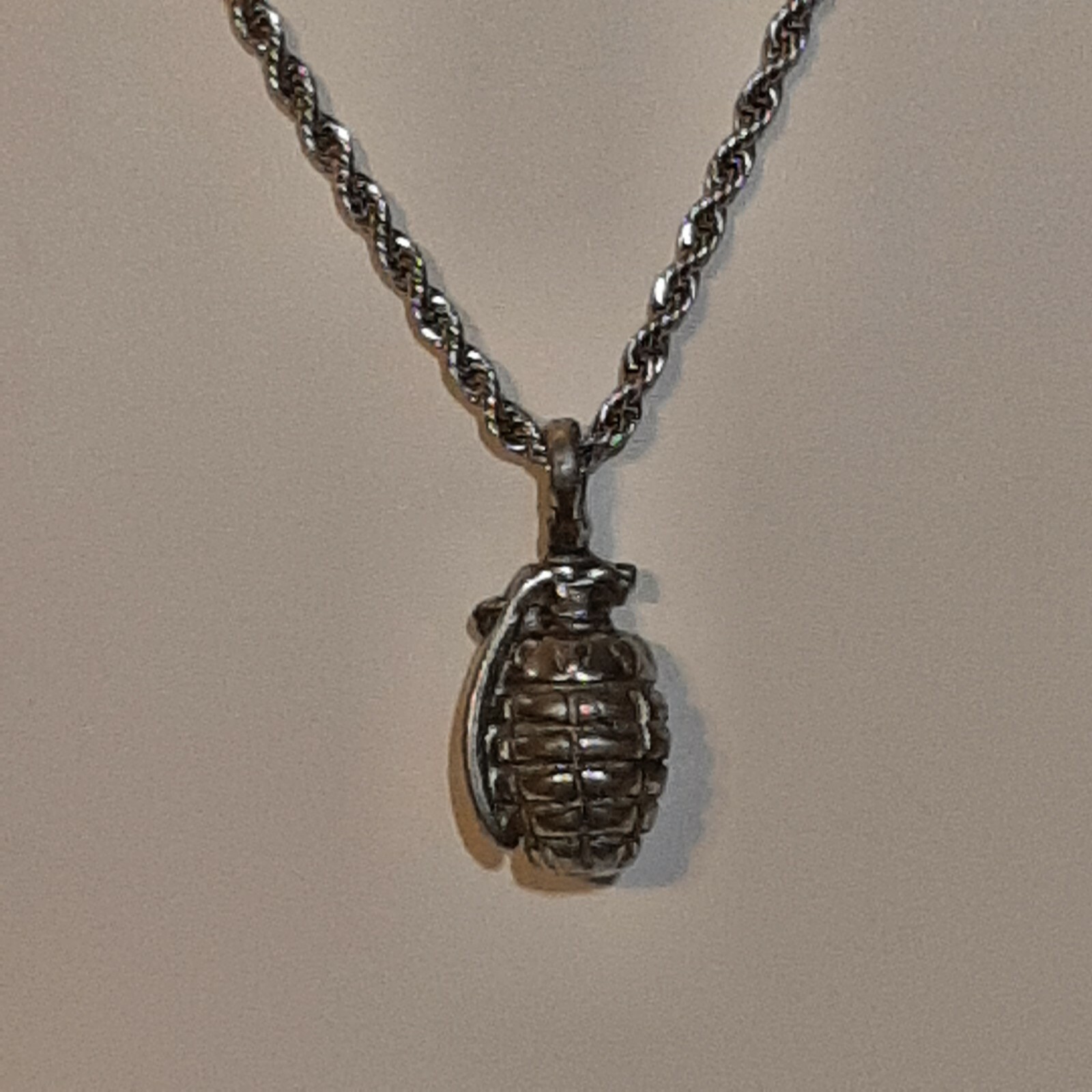 HAND GRENADE Pewter Pendant Charm / 24″ STAINLESS ROPE CHAIN NECKLACE