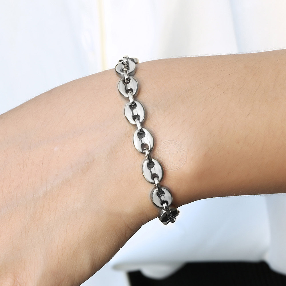 7mm 7inch Women Coffee Beans Marina Link Chain Bracelet Stainless Steel Silver