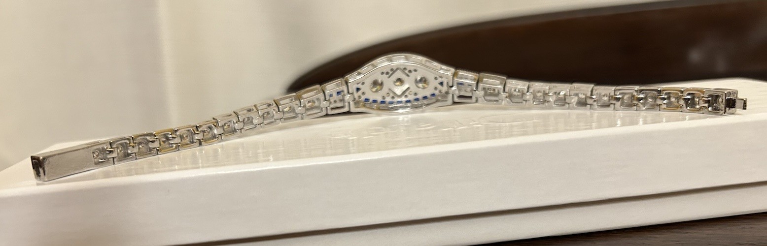 Silver Sapphire Blue CZ & Diamond CZ Art Deco Art Nouveau Inspired Bracelet NWT