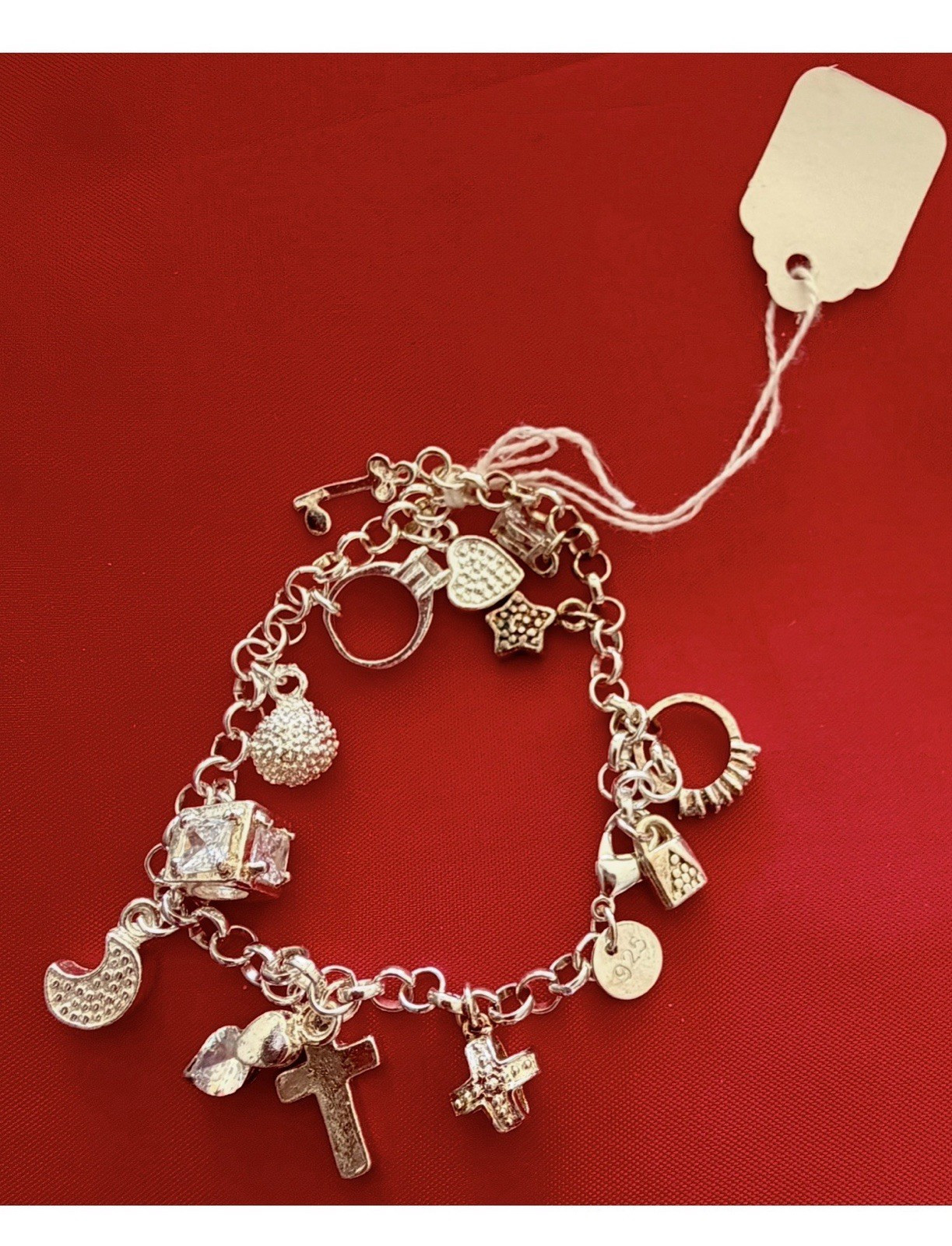 925 Sterling Silver Cable Chain Charm Bracelet Cross Clear Crystal Lobster