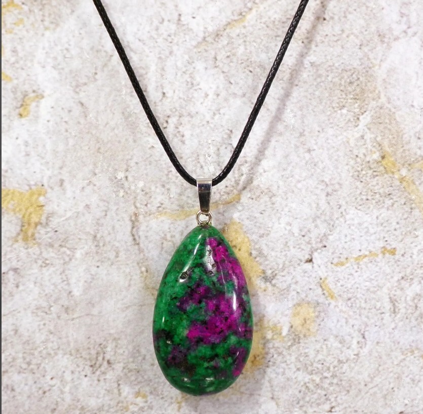 Natural ruby in zoisite teardrop stone pendant necklace on black cord New