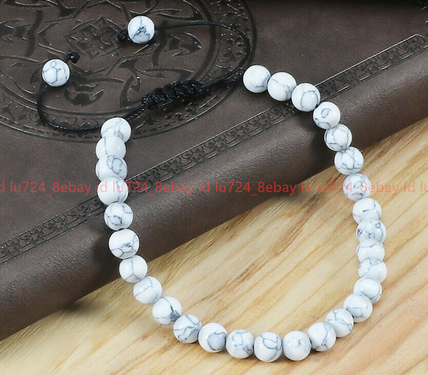 Natural 6/8/10/12mm White Turquoise Round Gemstone Beads Adjustable Bracelet7.5″