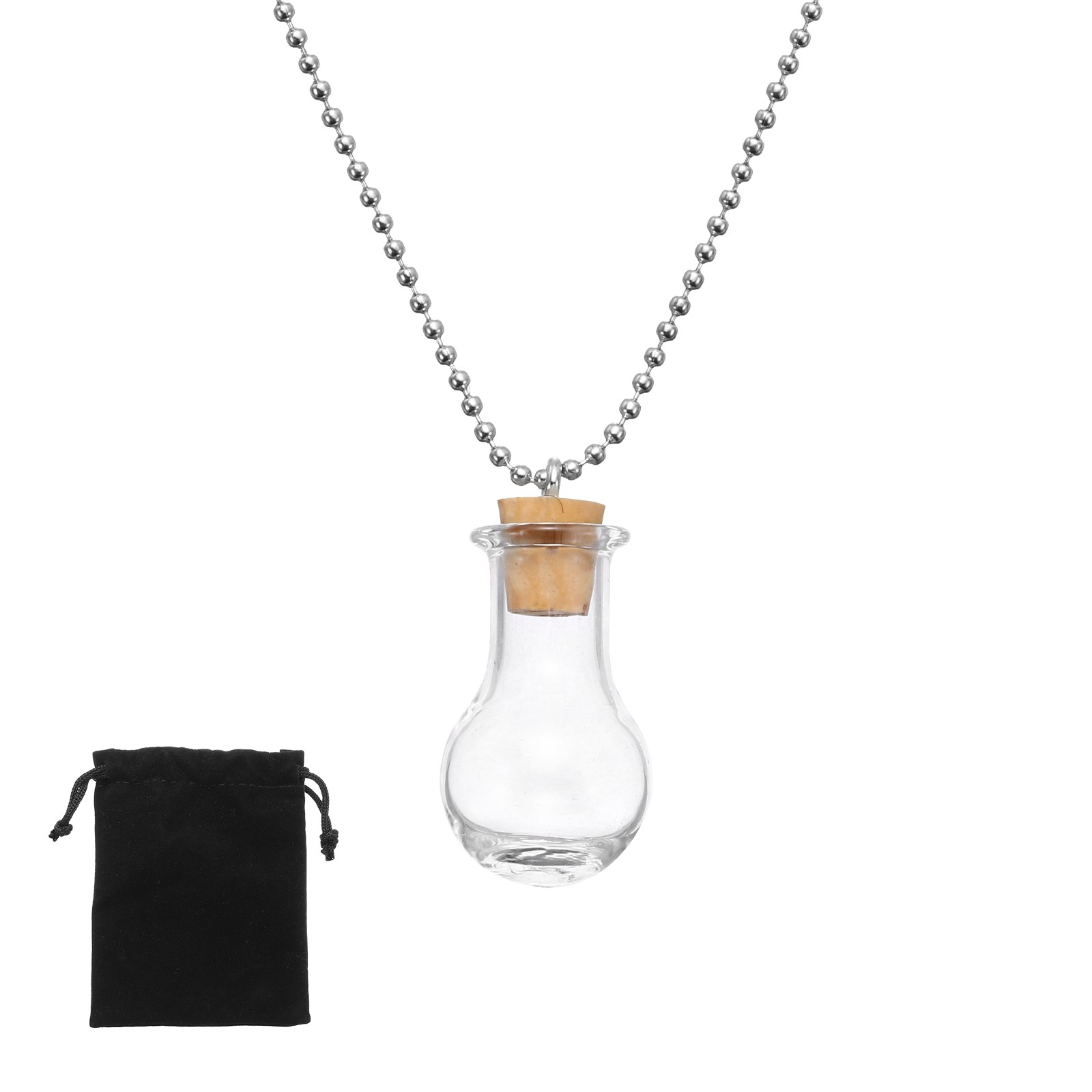 23mm Vial Necklace with Cork Stoppers Black Velvet Bag Ball Shaped Clear