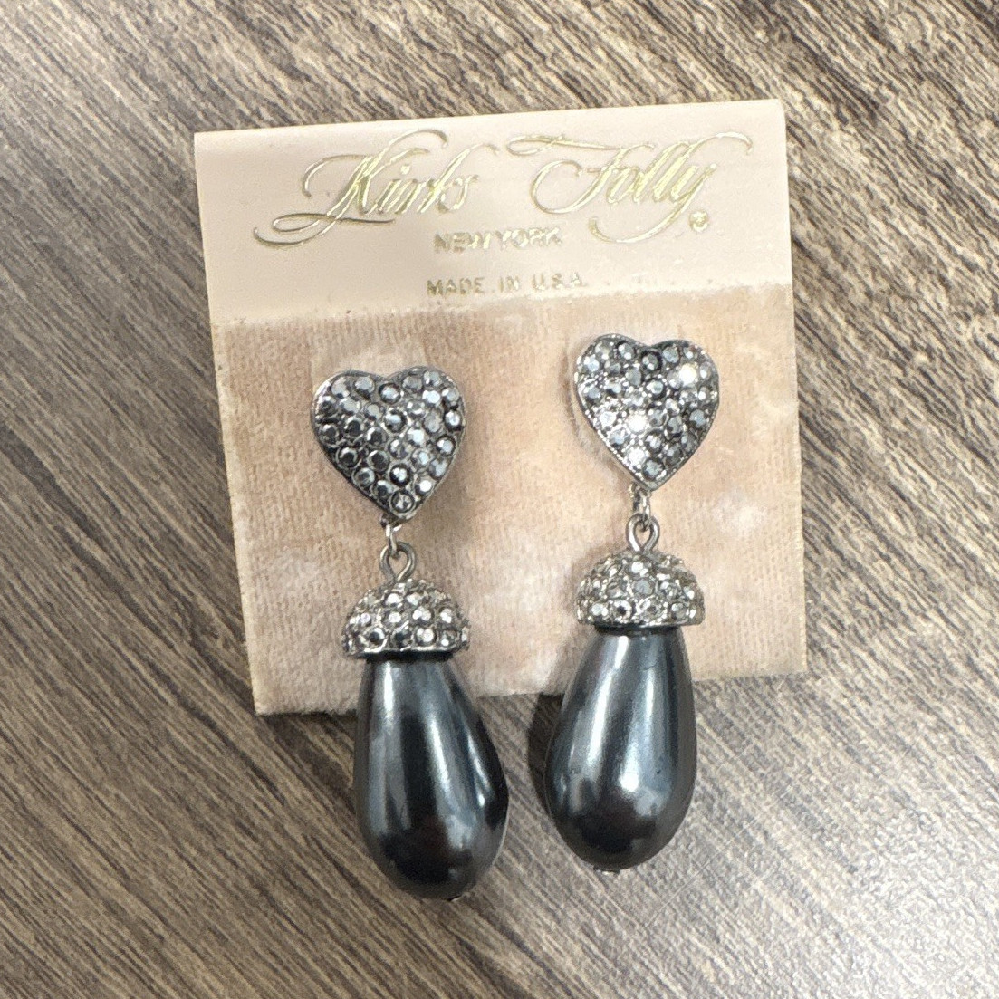 Kirk’s Folly Signed Gray Simulated Pearl Teardrop Rhinestone Drop Earrings
