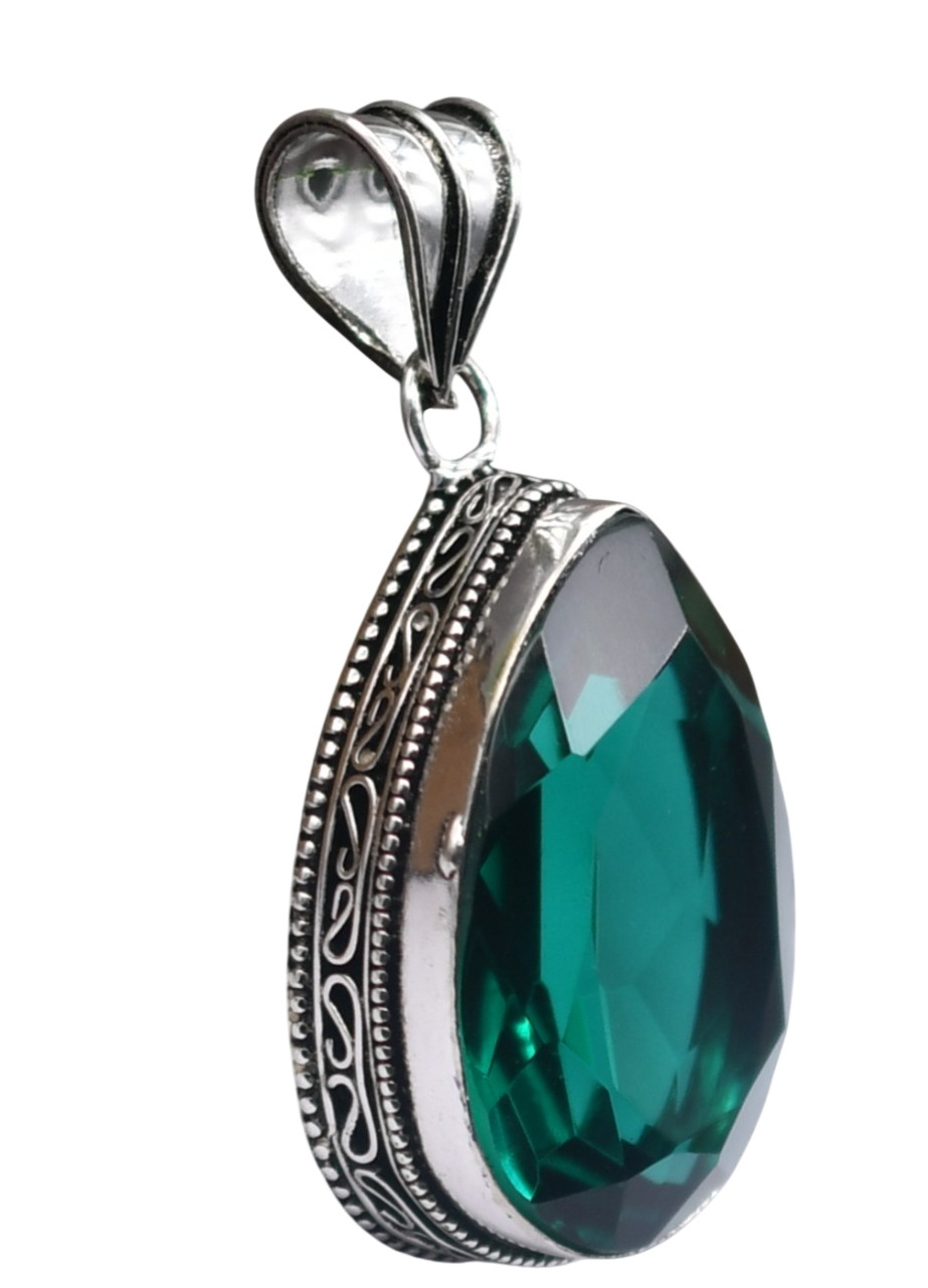 Green Tourmaline Hydro Gemstone Antique Silver Plated Pendant 2″ J2028