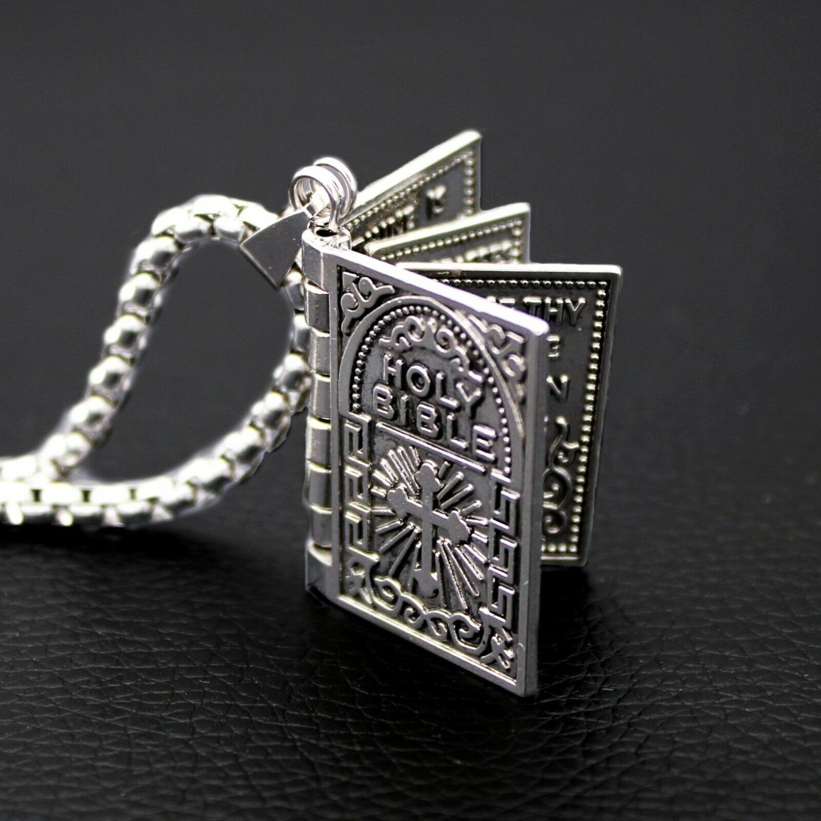 2× Stainless Steel Silver Bible Open Pages Pendant Unisex Necklace Lord’s Prayer