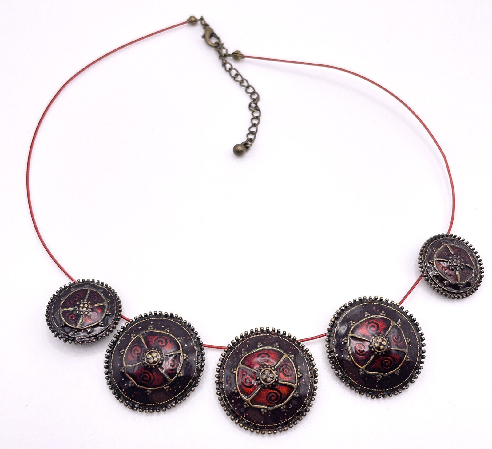 Ikita Signed Red Purple Enamel Bronze Medallion Artsy Cord Necklace Autumn Fall