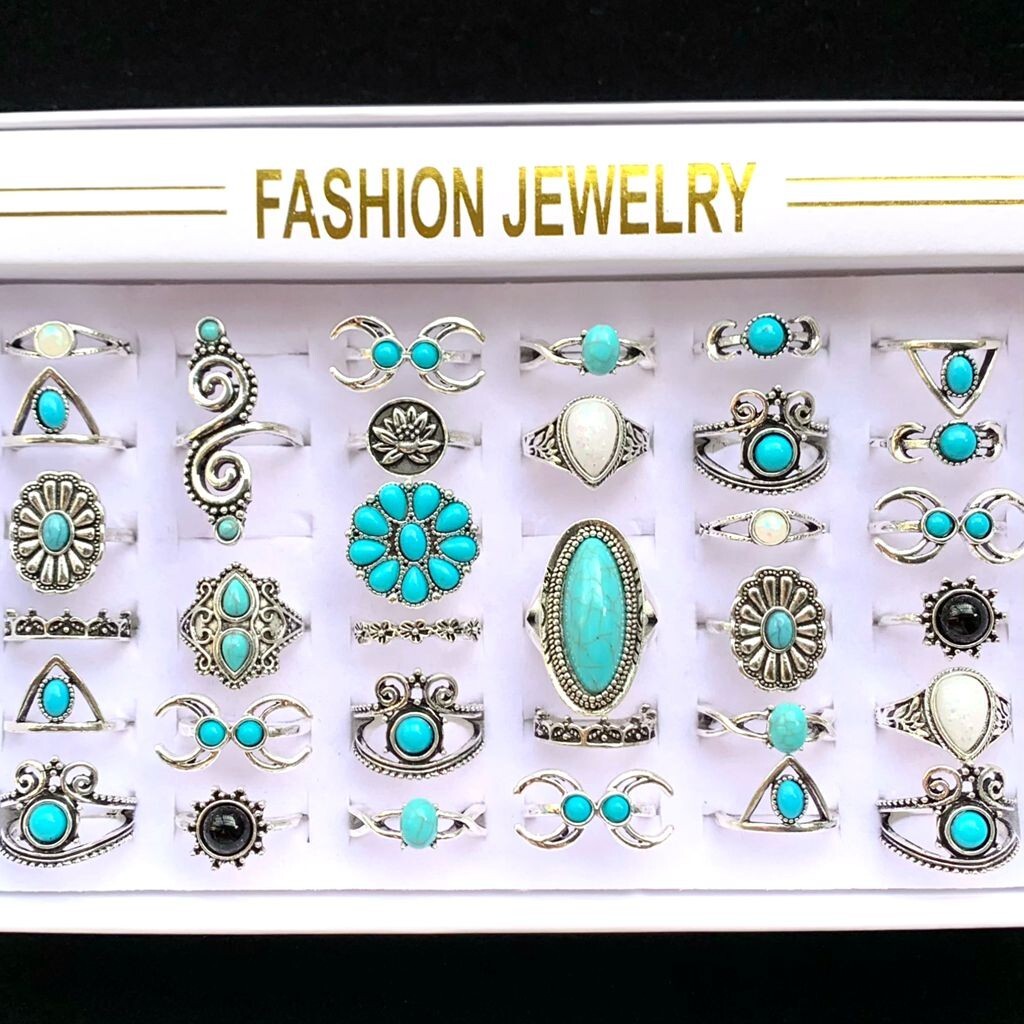 50pcs/lot Mix Bohemia Turquoise Vintage Rings Women Ethnic Silver Plated Jewelry