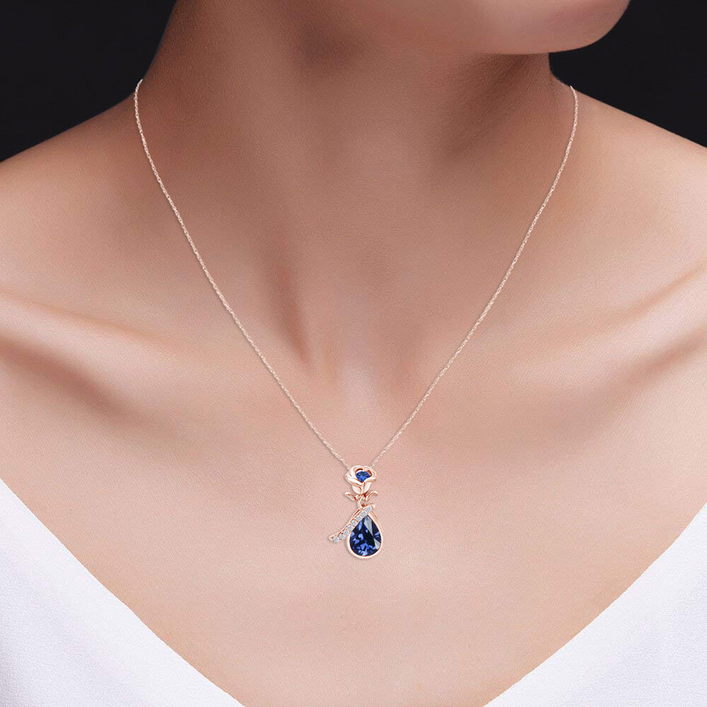 Simulated Sapphire Rose Teardrop Pendant Necklace 14K Rose Gold Plated Silver