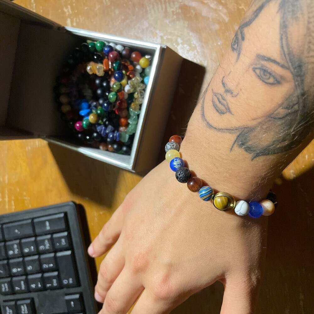 Universe Galaxy Planet Bracelet Blue Goldstone Stretch Bracelet Handmade Gift