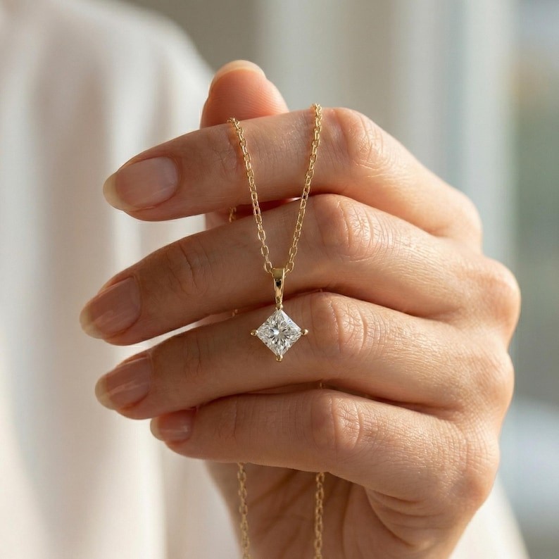 Solitaire Princess Cut Lab Grown Diamond Pendant Dainty Wedding Jewelry For Her