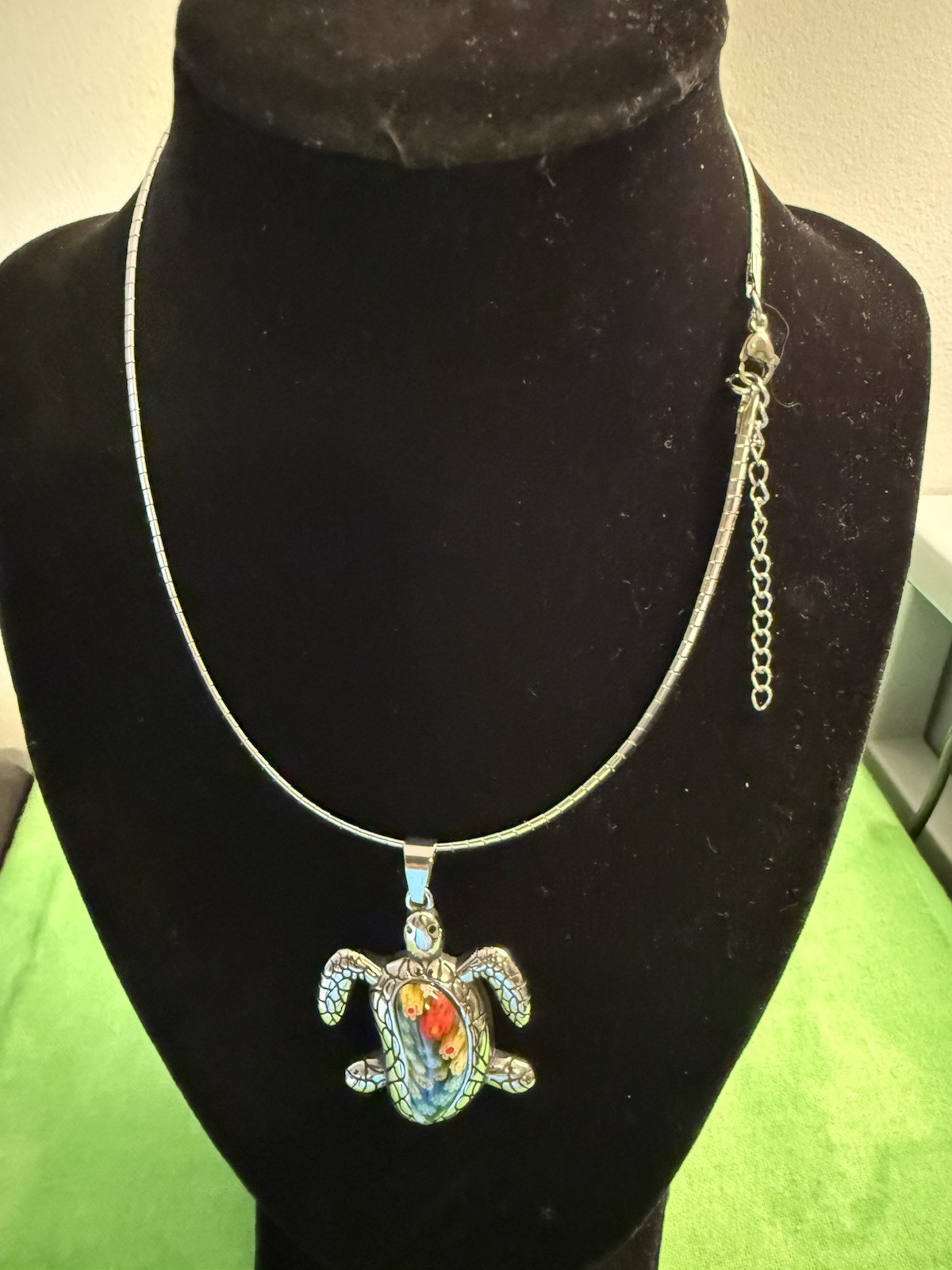 Multi Color Murano Style Turtle Pend. Necklace 16-18 Inches In. Blk Oxid. St. St