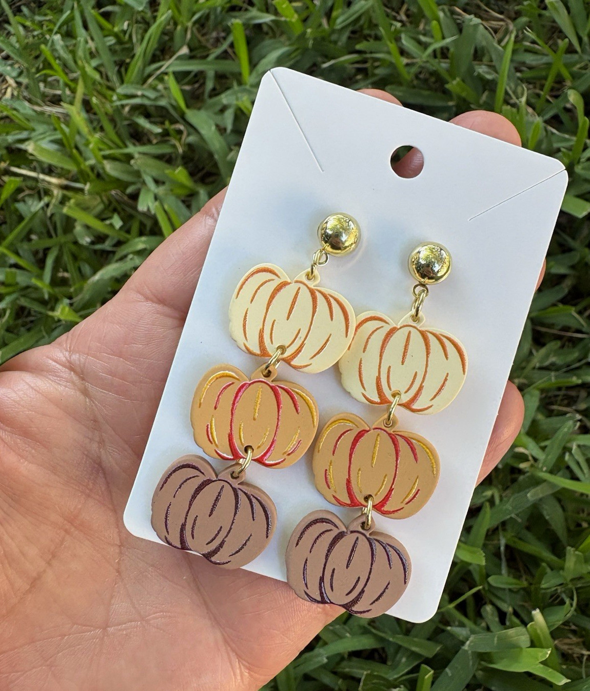 Multicolor Wood Pumpkin Dangle Drop Earrings for Lobe Piercings, Pair