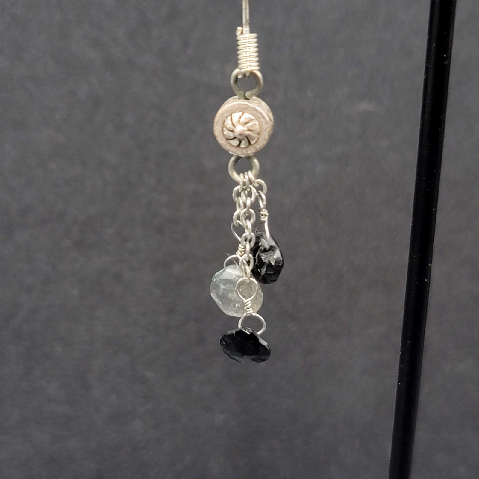 Pierced Earrings Silver tone Black Gray Stones on Dangle Chains 1.25″