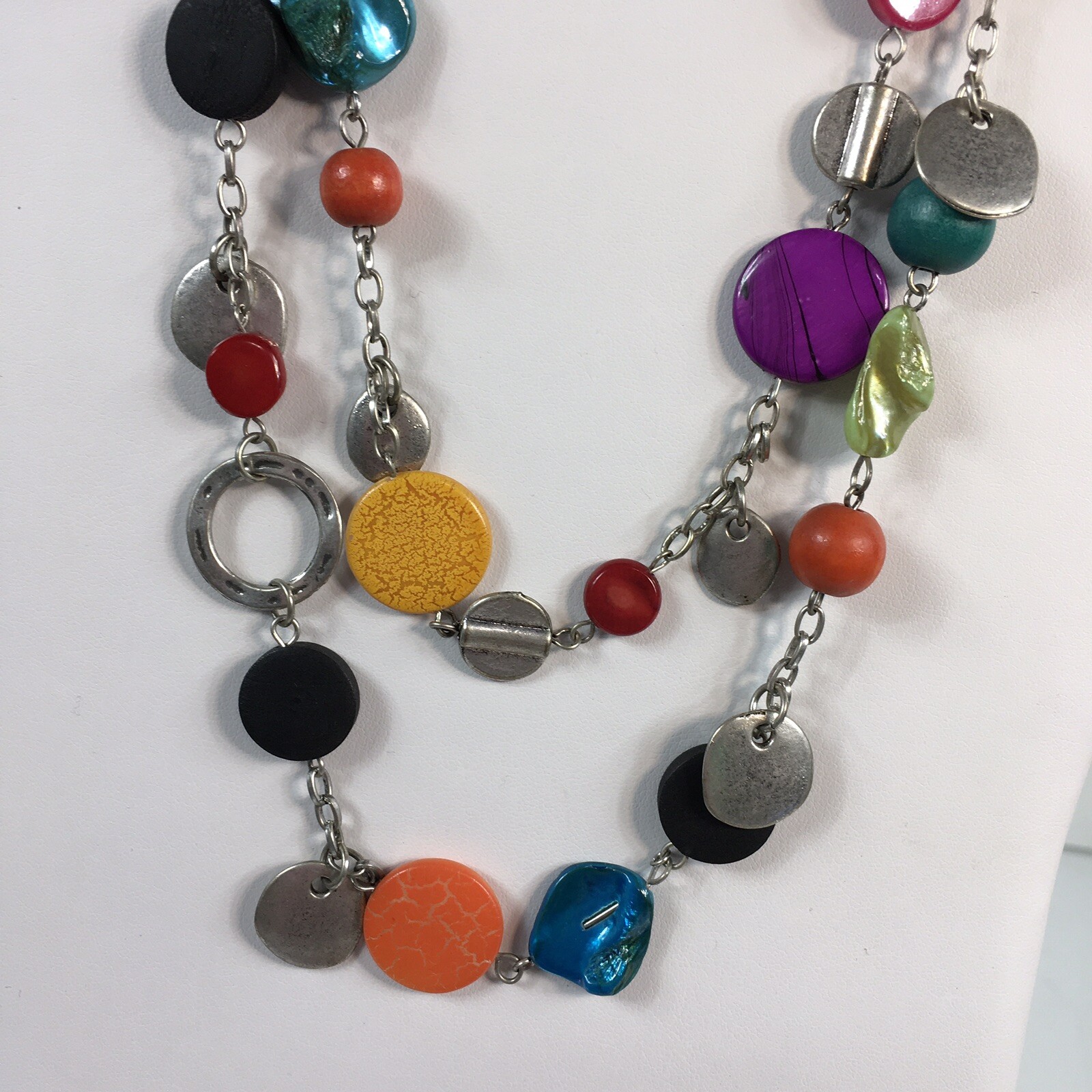 Double Strand Necklace Mixed Materials Shell Wood Multi Color