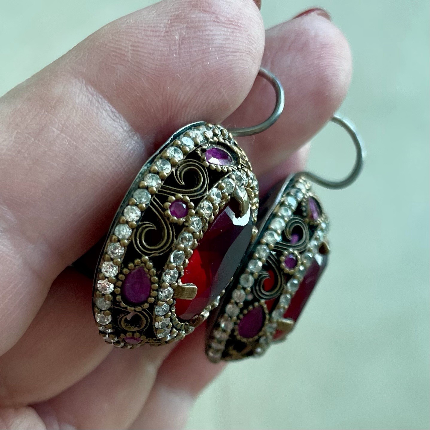 Vintage Red Rube Rhinestone Statement Earrings Silver & Gold Tone Filigree Oval