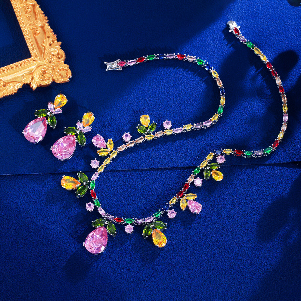 Chic Multicolor Drop Leaf Wedding Necklace Earrings Silver Plated CZ Jewelry Set