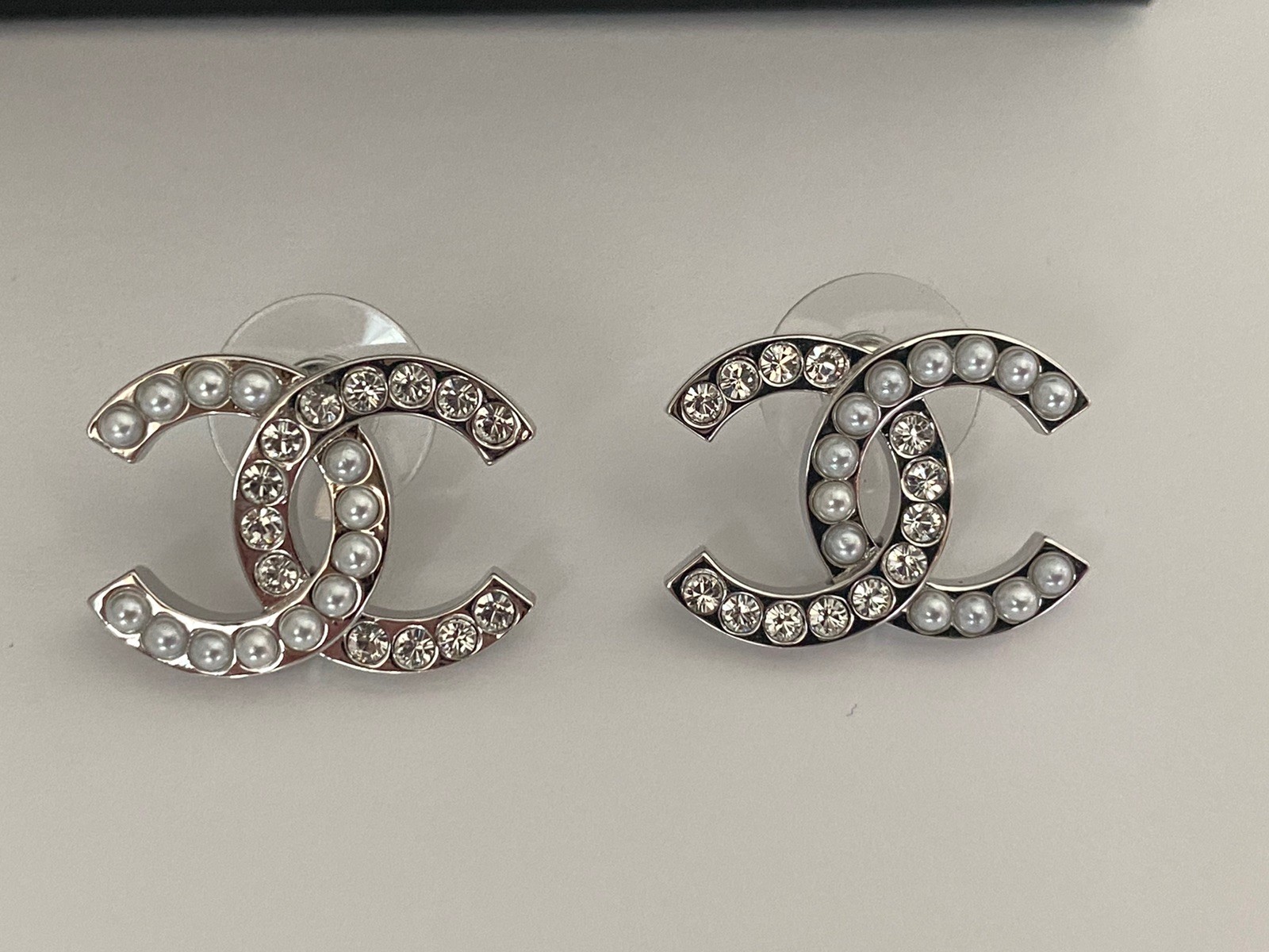 Authentic Chanel Silver Tone Crystal Stud Earrings Medium Size