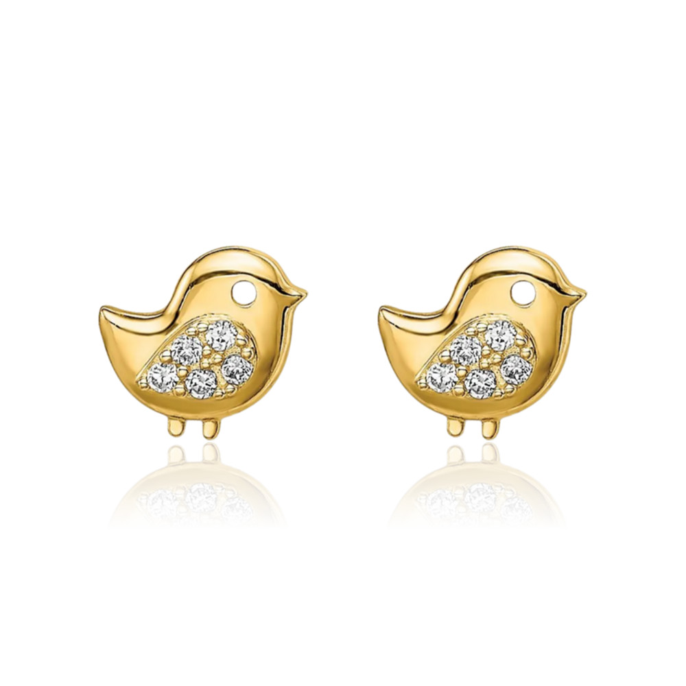 14K Solid Yellow Gold Bird CZ Stud Earrings