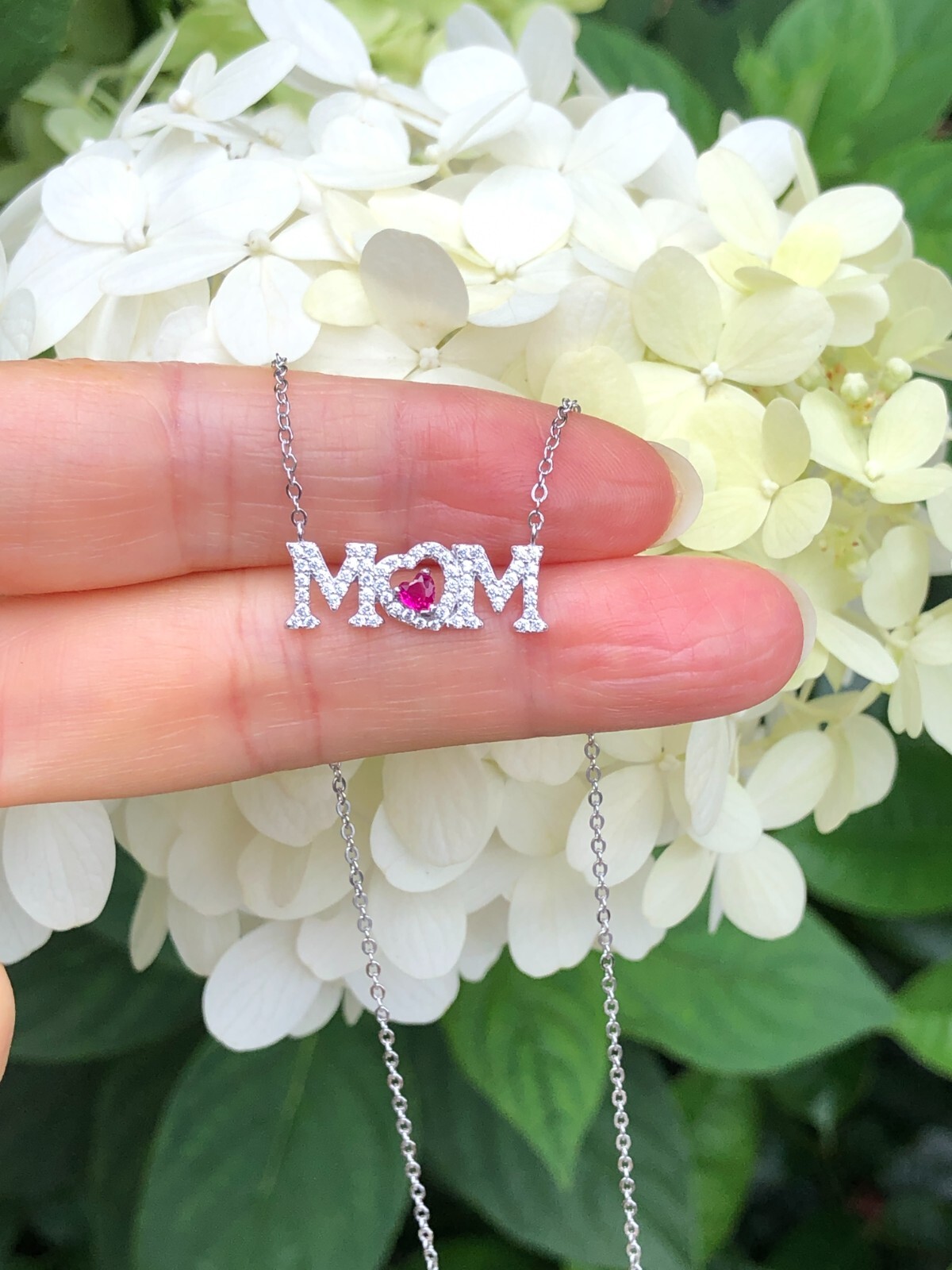 925 Sterling Silver CZ Pink Heart Mom Script Pendant Necklace 20mm 17.25″