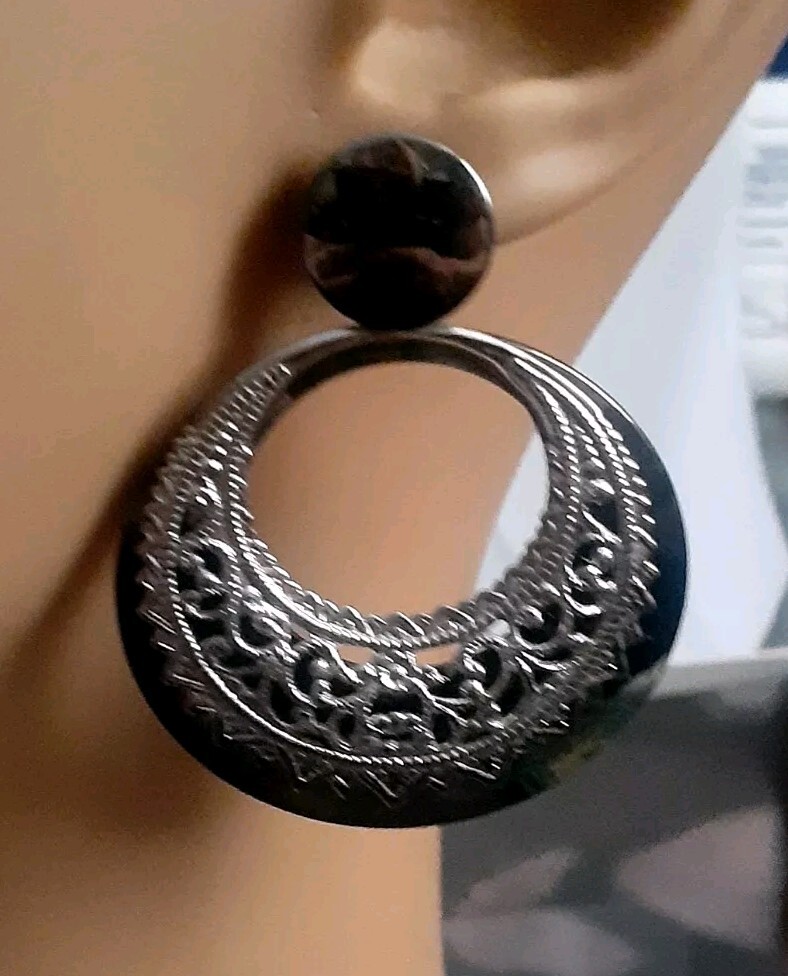 Metallic Gun Metal Grey Silvertone Double Round Door knocker Earrings