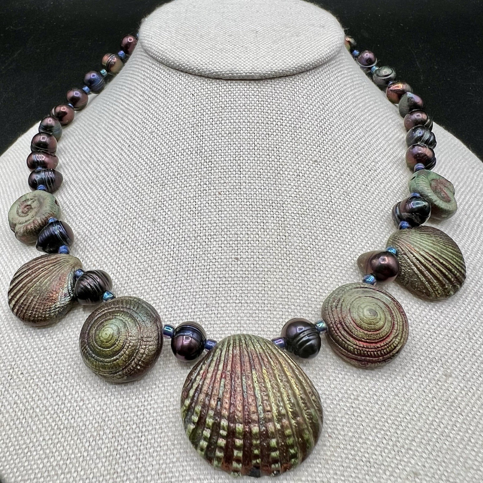 Artisan Coastal Shell Statement Necklace Iridescent Peacock AB Blue Ocean Beads