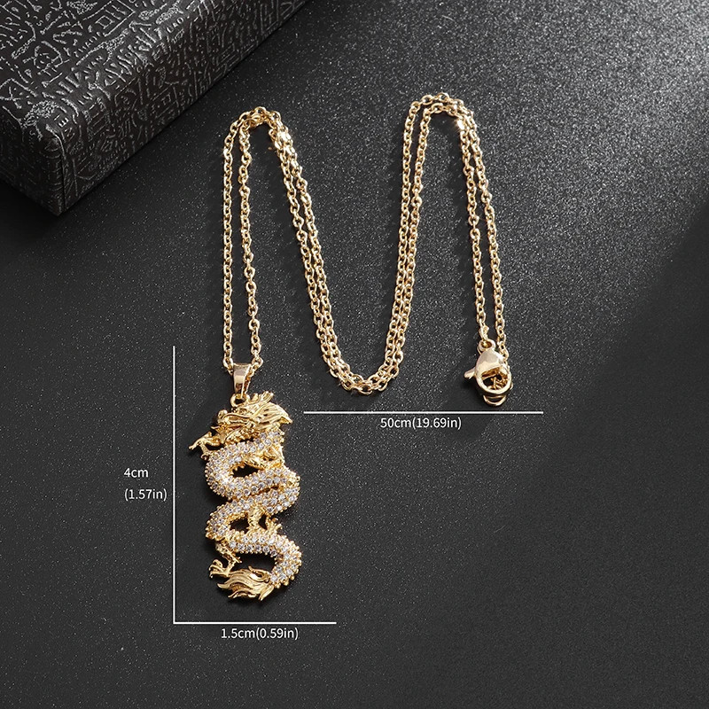Cubic Zirconia Dragon Pendant Necklace for Men Women Amulet Jewelry