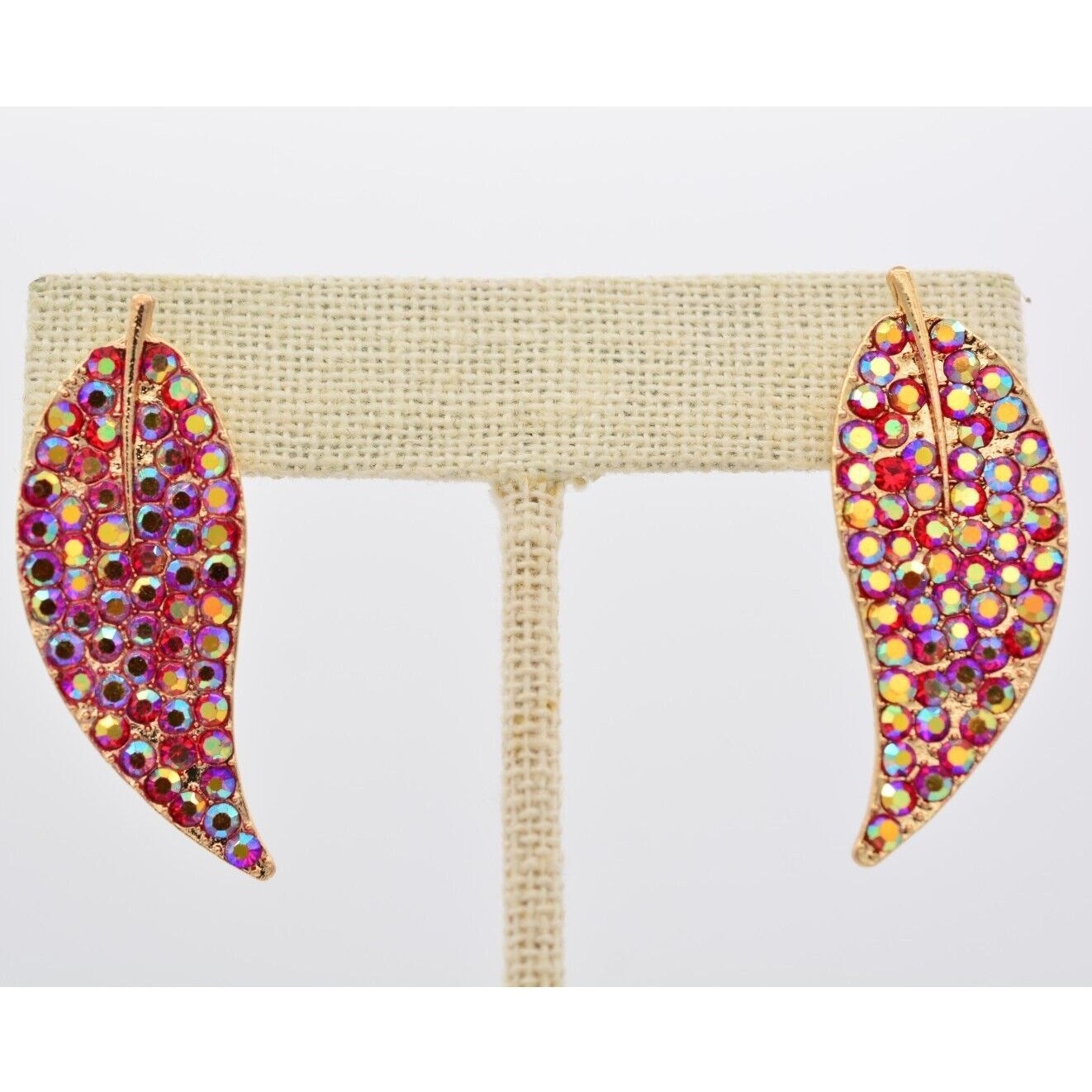 Crystal Leaf Earrings Red Rhinestone Aurora Borealis Gold Tone Sparkling BinAA
