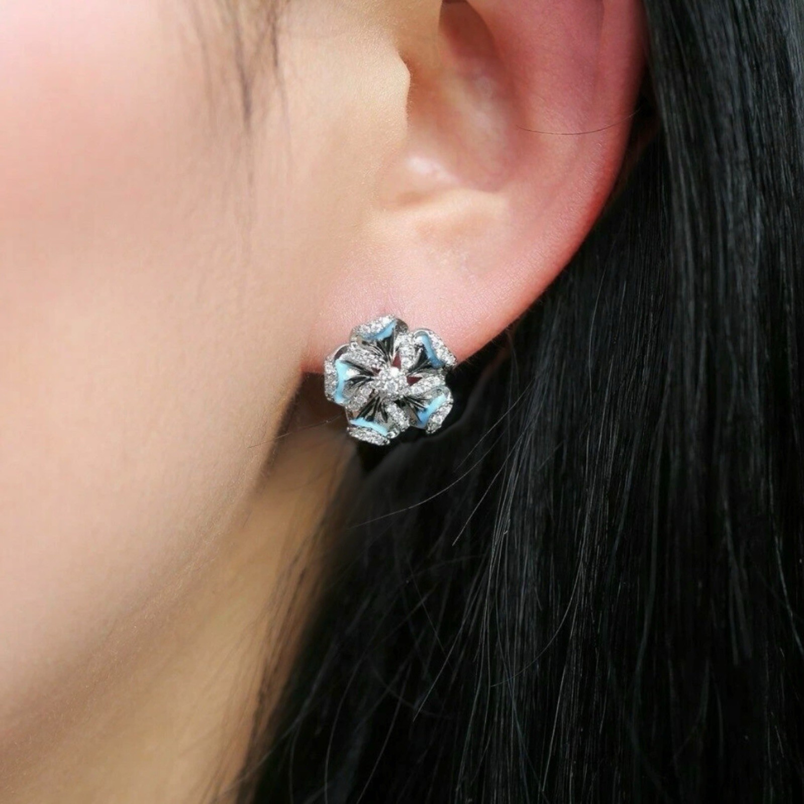 flower 925 Silver Plated Stud Earring Women Cubic Zircon Jewelry A Pair A17