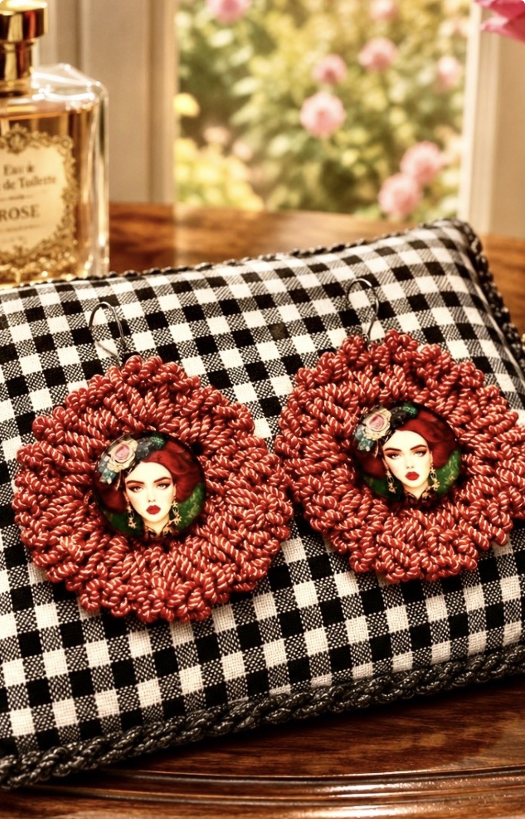 Earrings Crochet Cabochon Boho Woman Designer Fashion “ Hand Knits 2 Love” Hip