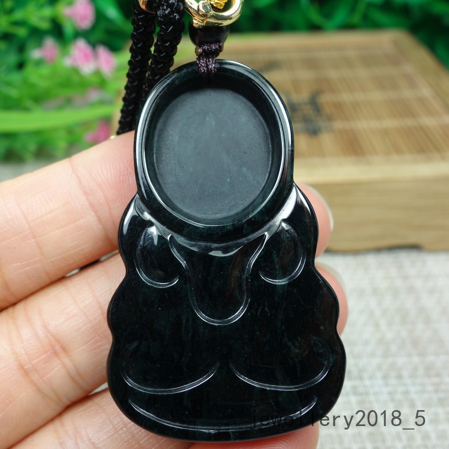 Certified Black Green Burma 100% Natural A jadeite Jade Pendant~Guan Yin 墨翠 渡母观音