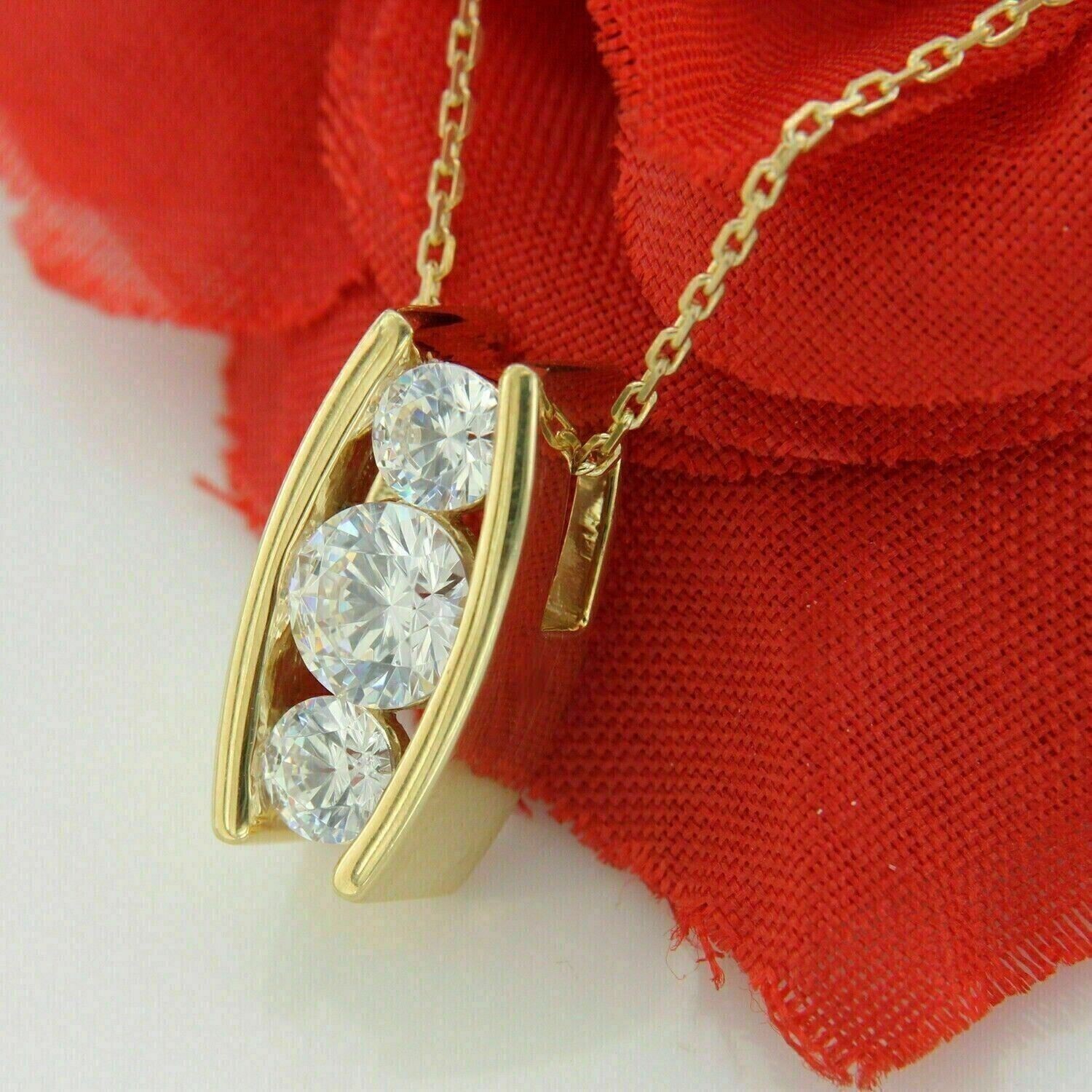 Three Stone Pendant 2 Ct Round Cut Simulated Diamond Yellow Gold Plated Silver
