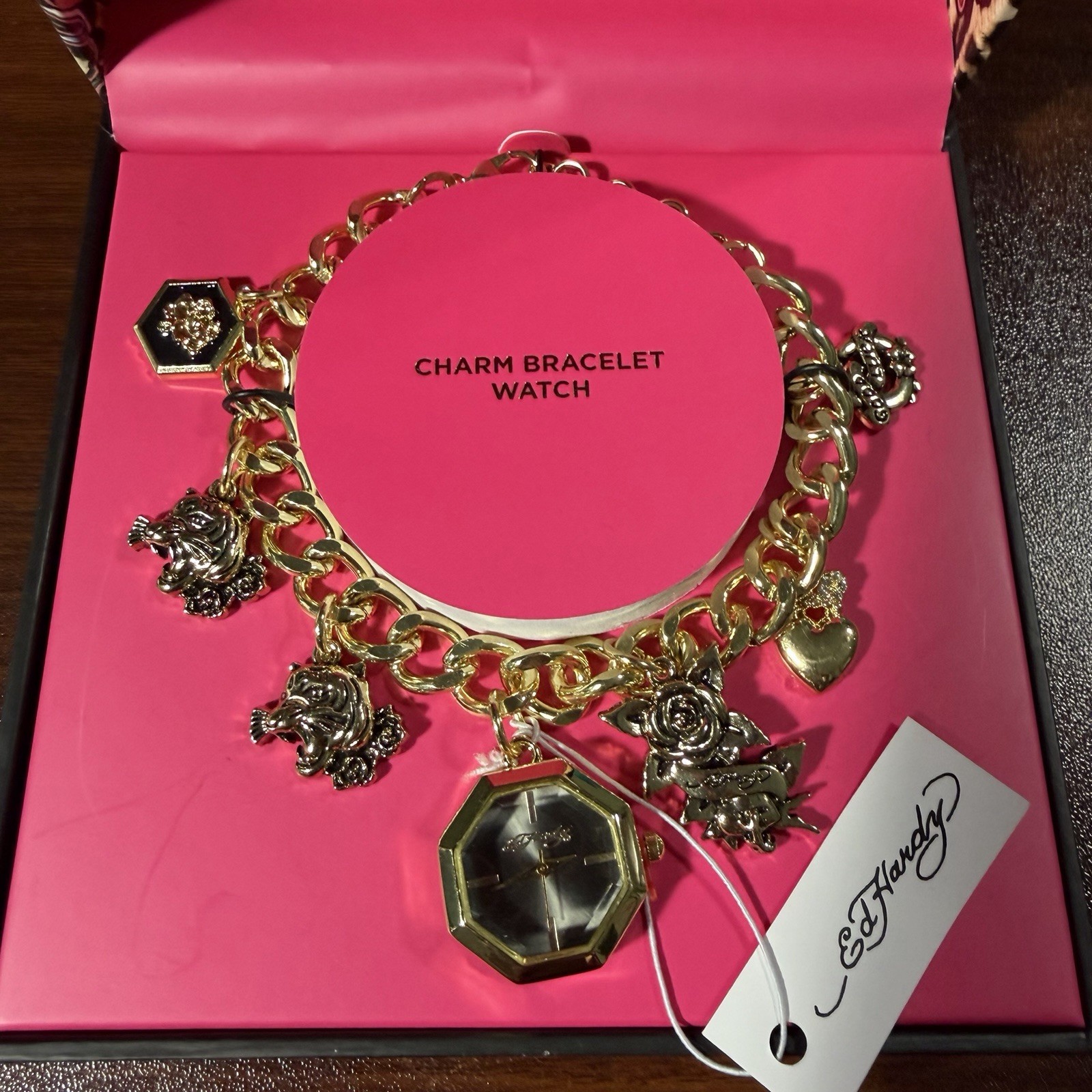 Ed Hardy Women’s Gold Charm All Tattoo Design Bracelet Octagon Watch NWT