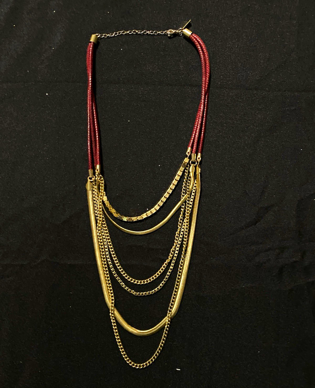 Gold Tone Layered Multi-Strand Chain Necklace with Red Cords, No Stone