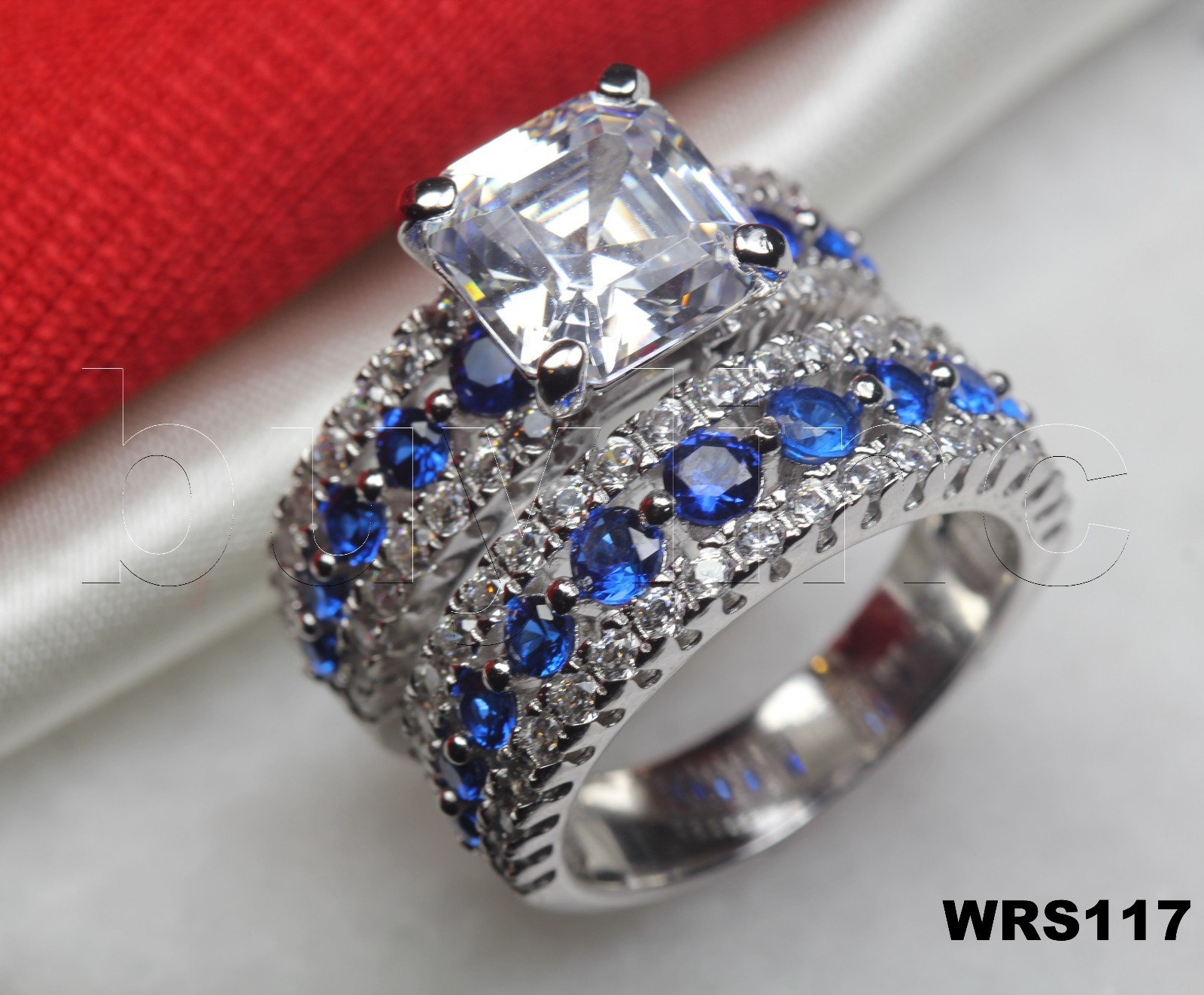 Blue White CZ Sterling Silver 925 Princess 6.7CTW Bridal Wedding Ring Set