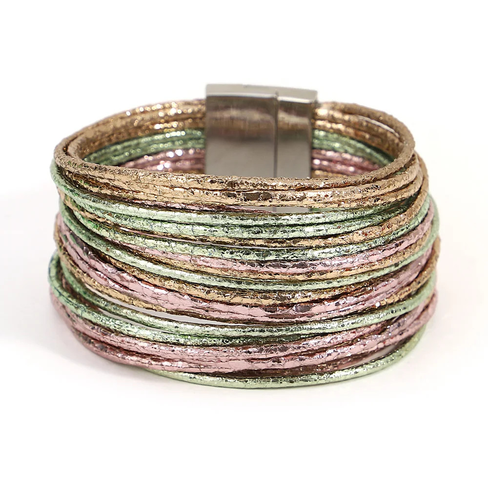 Triple Color Leather Wrap Bracelet Multilayer Slim Glitter Rope Chain Women