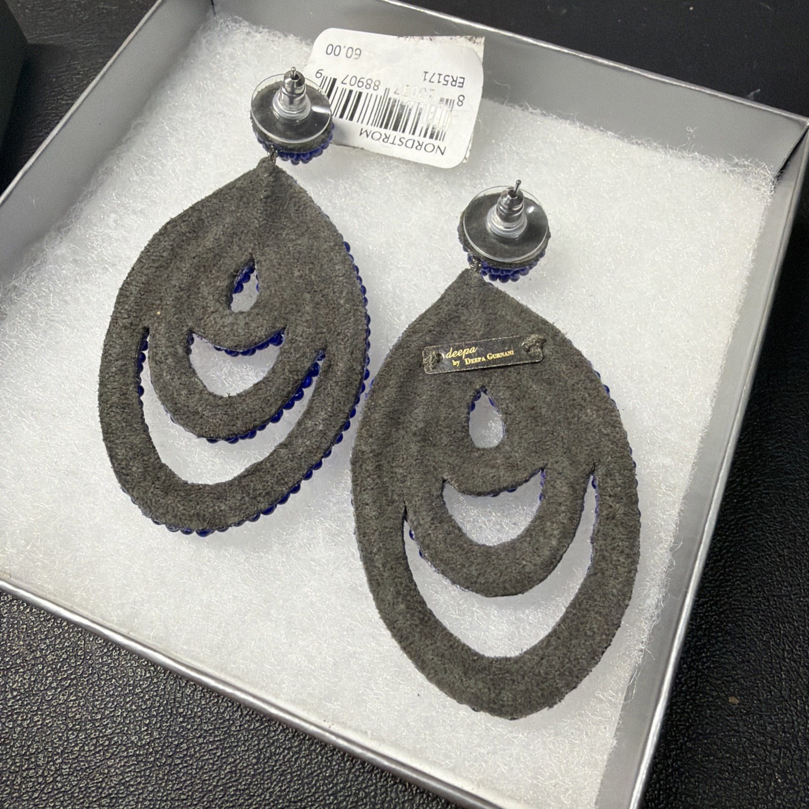 NWT Deepa Gurnani Danika Beaded Drop Earrings Cobalt Blue Oval Statement